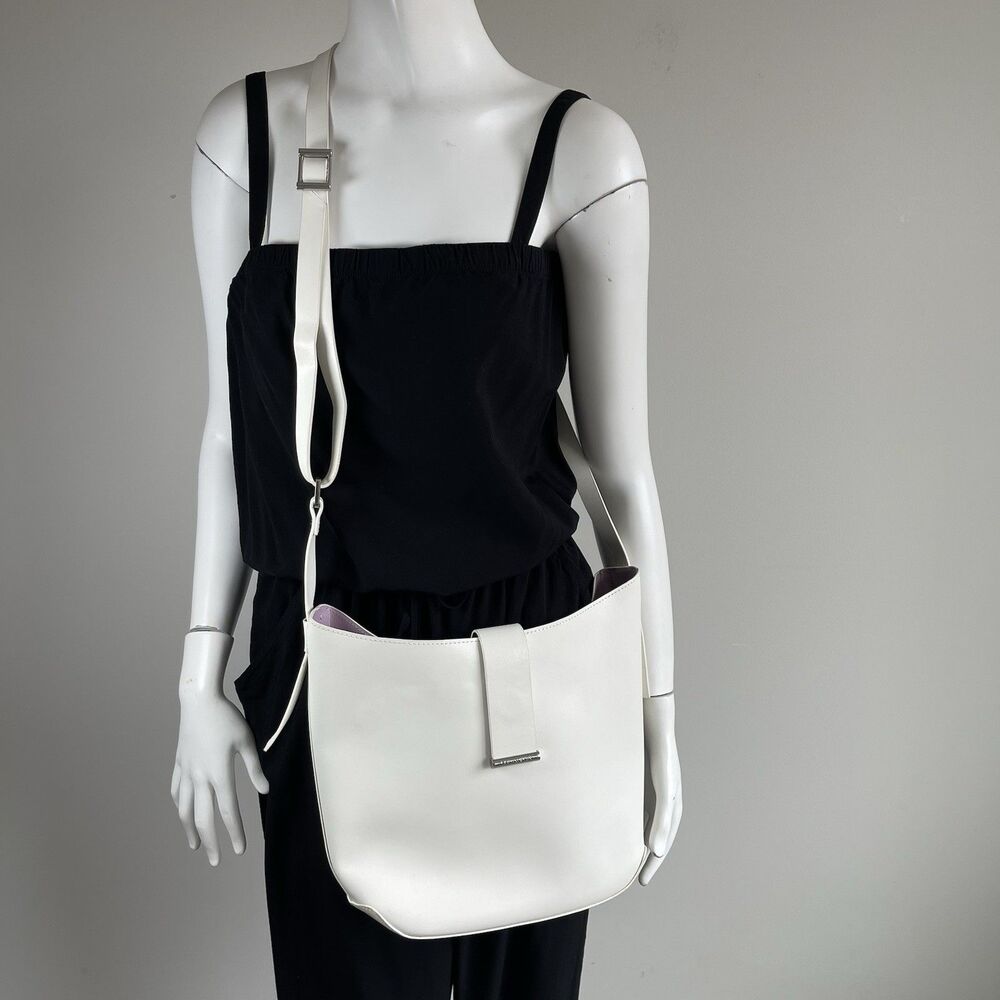 H by Halston White Leather Crossbody Bag Open Top‎ Bucket Purse Resort Vacation